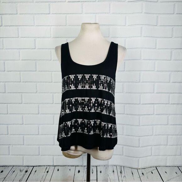 NWT 2B Bebe Black & Silver Sequin Striped Tank - Size Large - Picture 1 of 12